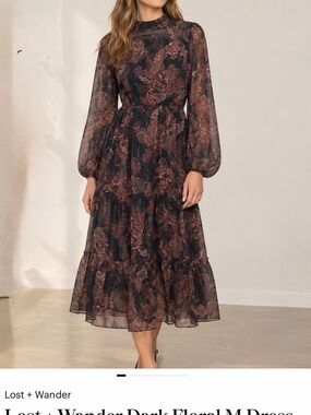 Lost + Wander Dark Floral Tiered Midi Dress in Navy & Burgundy